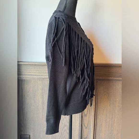 Black Boho Western Fringed Crewneck Sweater Medium - Picture 5 of 6